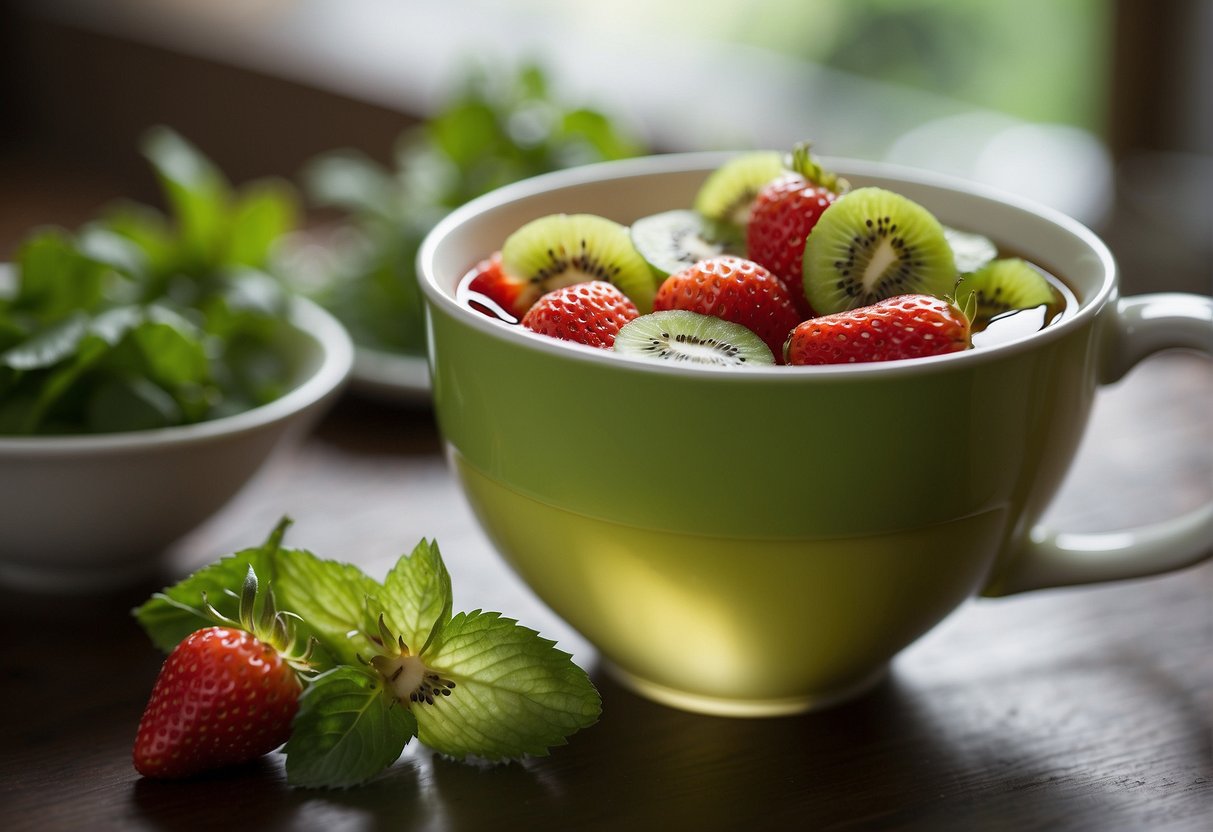 Sliced strawberries, kiwi, and mint leaves float in a steaming cup of green tea