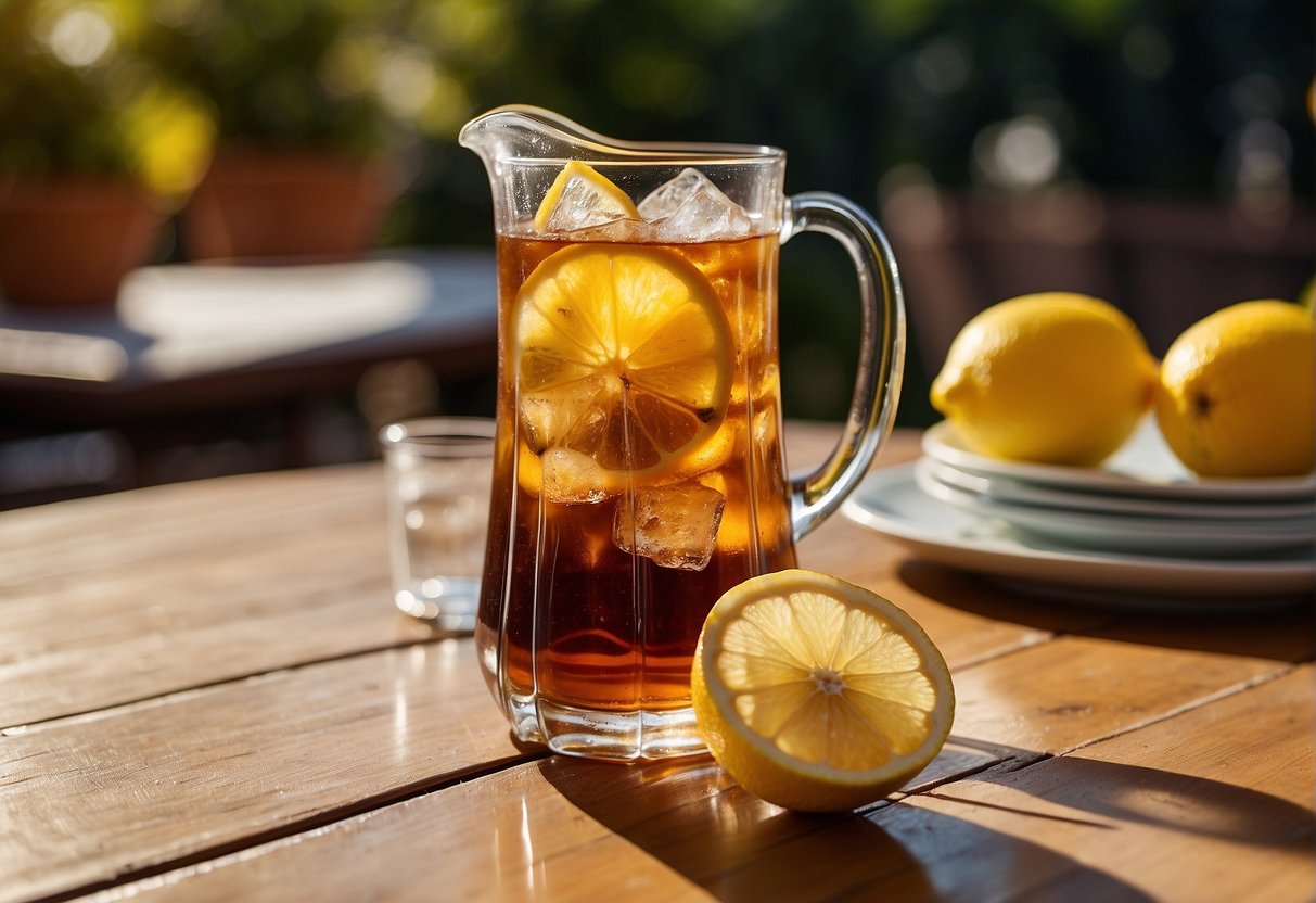 A glass pitcher of iced tea sits on a sunny patio table, condensation forming on the sides. A lemon slice floats in the amber liquid, and a few ice cubes clink together as they slowly melt