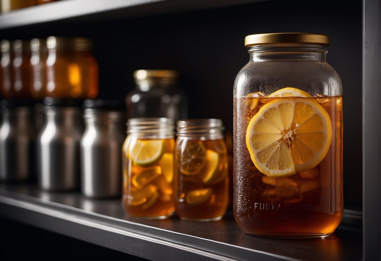 A pitcher of iced tea sits on a shelf in a cool, dark pantry. The lid is tightly sealed, and a label indicates the date it was made
