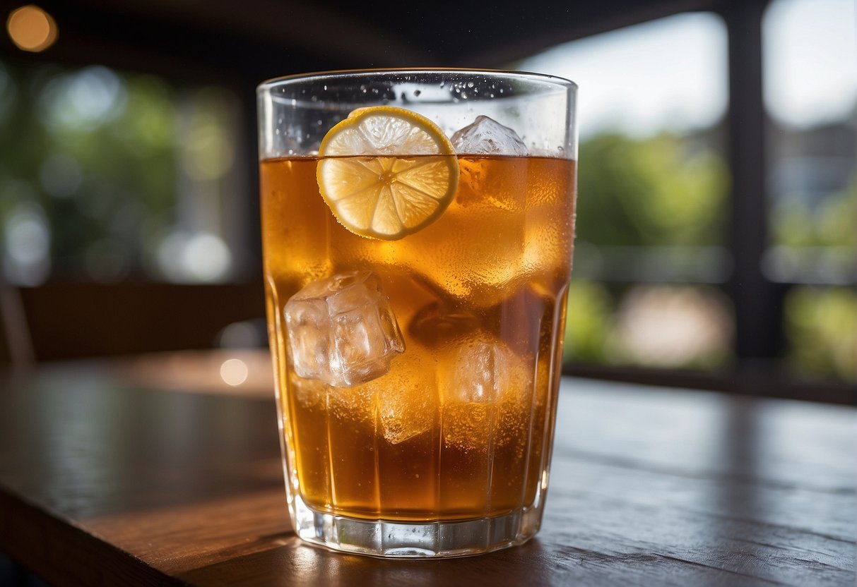 A glass of iced tea sits on a table, condensation forming on the outside. The liquid appears cloudy and there are small particles floating in it. The tea has a sour smell