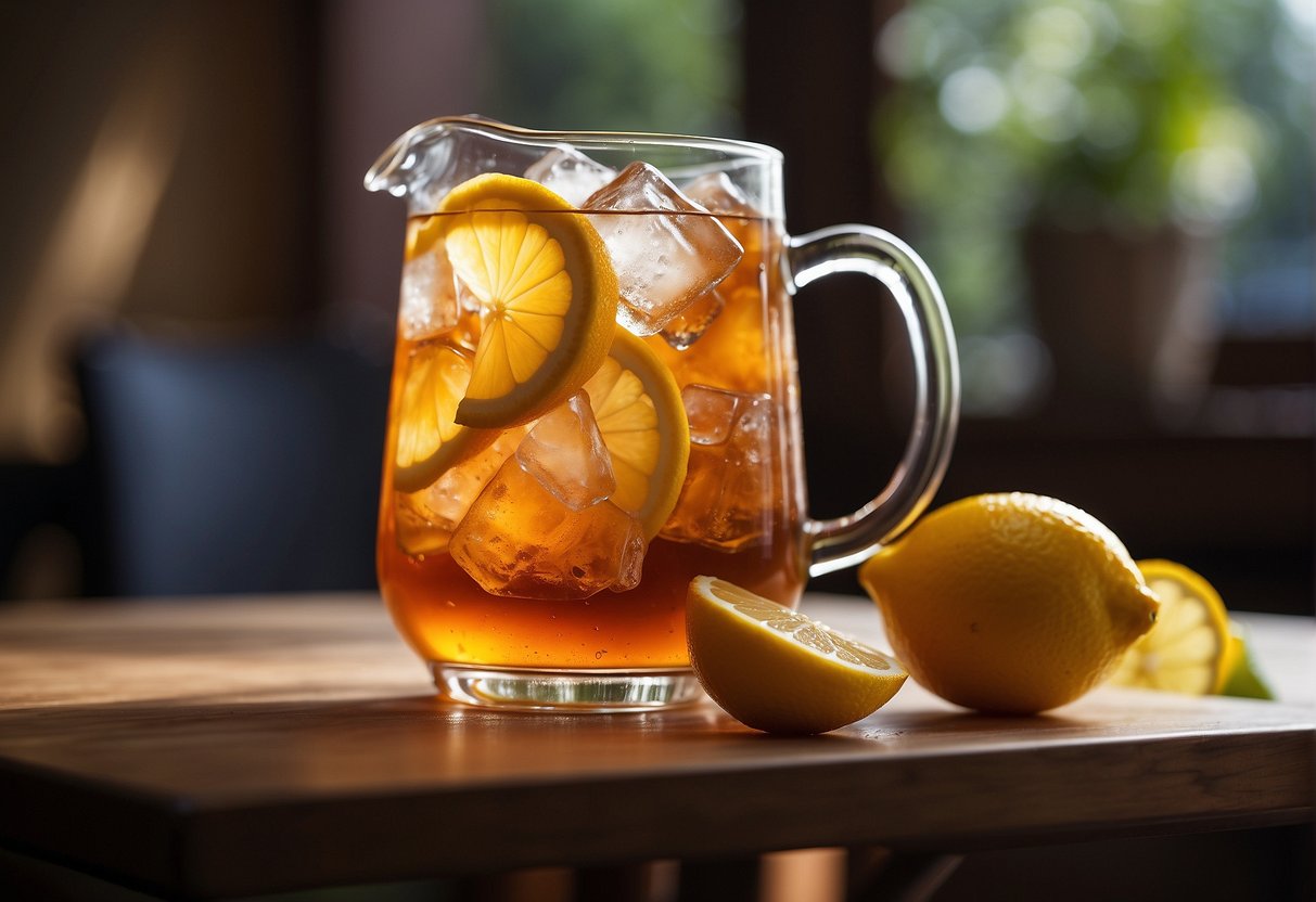 A glass pitcher of iced tea sits on a table, condensation forming on the outside. The tea is surrounded by ice cubes, and a lemon slice floats on the surface