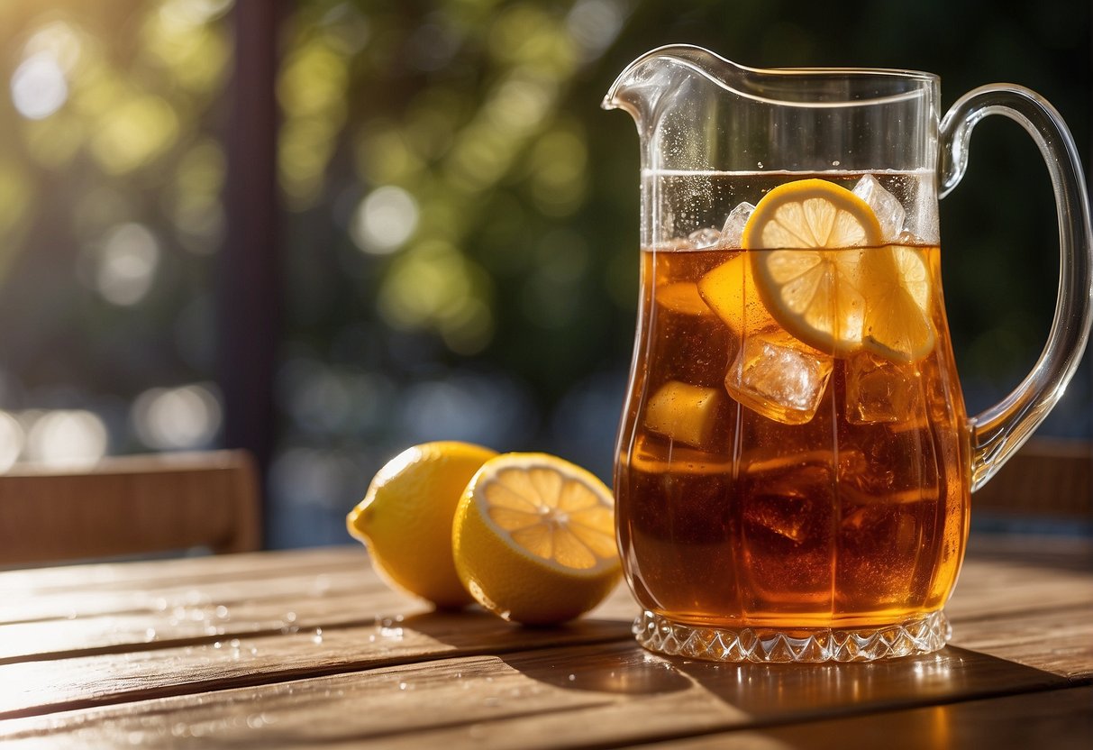 A pitcher of iced tea sits on a sun-drenched patio table, condensation dripping down the sides. A few ice cubes float in the amber liquid, and a lemon wedge rests on the rim of the glass