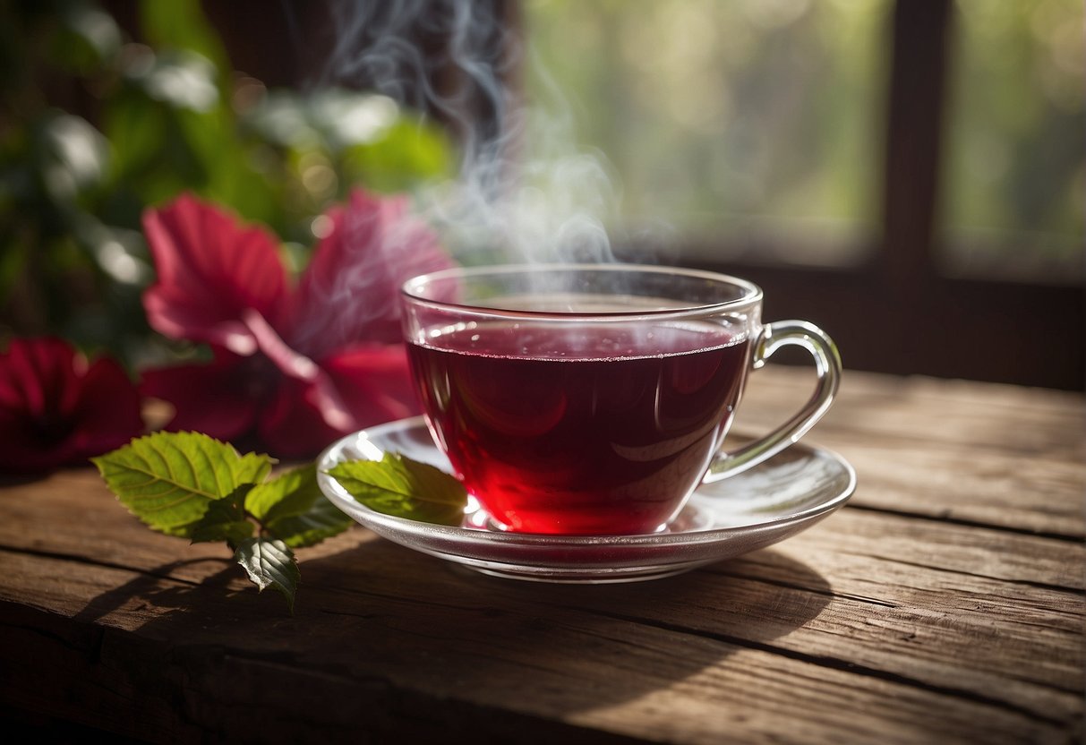 A steaming cup of hibiscus tea sits on a rustic wooden table, exuding a deep red hue with floral and tangy notes