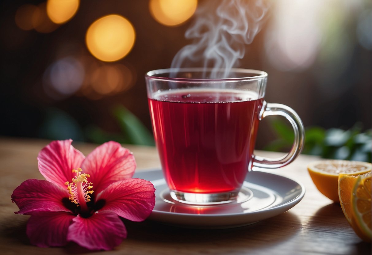 A cup of hibiscus tea sits on a wooden table, emitting a vibrant red color. The aroma of floral and fruity notes wafts through the air, inviting a sip of its tart and slightly sweet taste