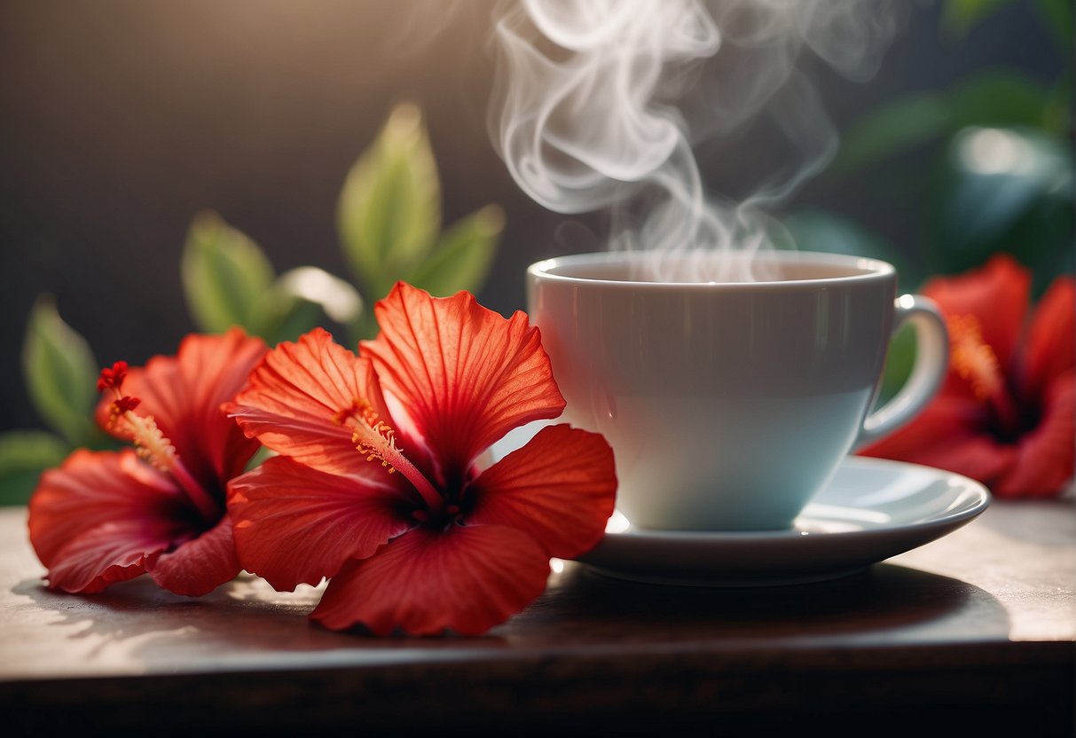 A vibrant red hibiscus flower blooms beside a steaming cup of tea, emitting a fragrant and slightly tart aroma