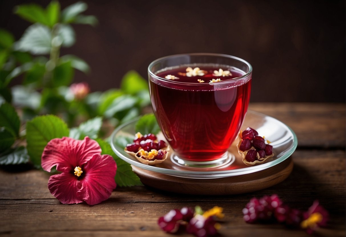 A cup of hibiscus tea sits on a wooden table, exuding a deep red color and a floral aroma. The taste is tart and refreshing, with hints of cranberry and citrus