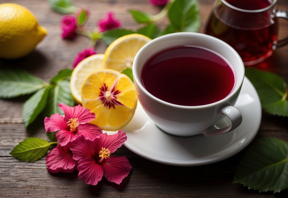 A steaming cup of hibiscus tea sits on a wooden table, emitting a fragrant, floral aroma. The vibrant red liquid is surrounded by fresh hibiscus flowers and lemon slices, evoking a sense of health and wellness