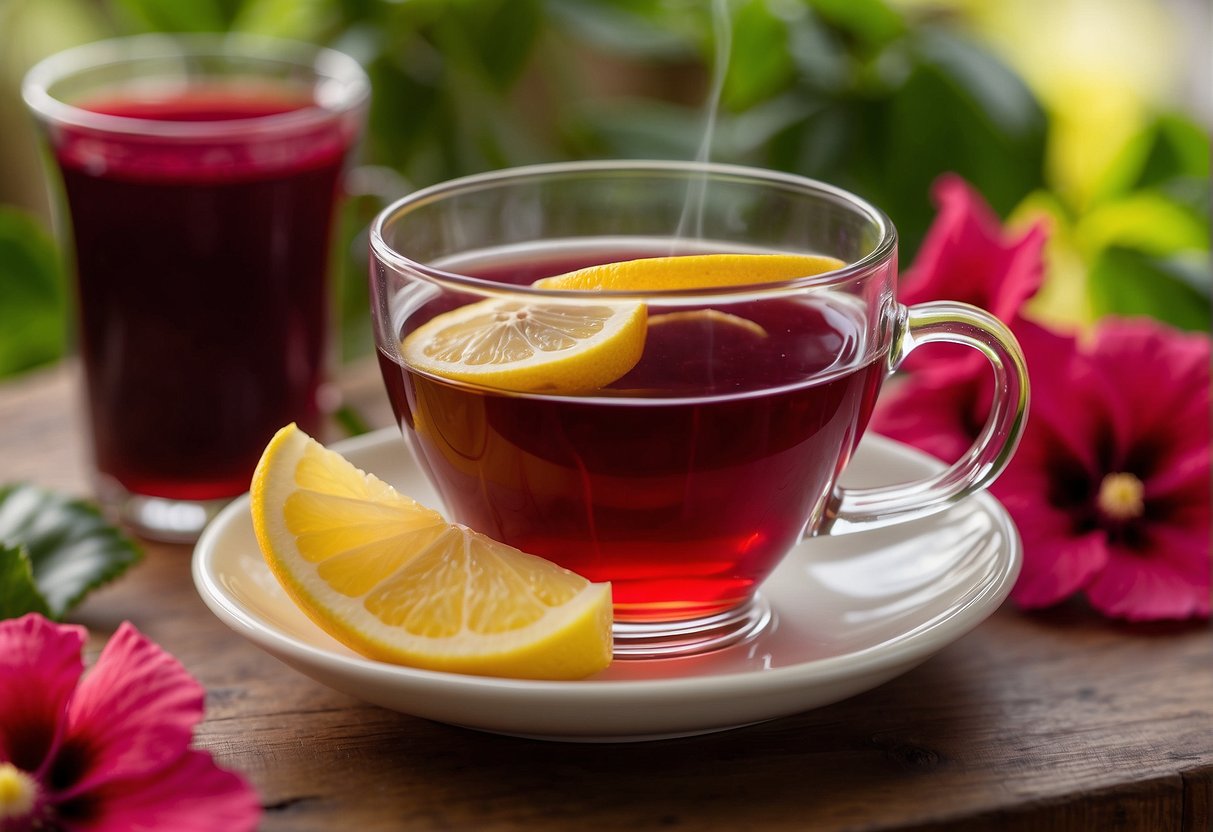 A steaming cup of hibiscus tea sits on a wooden table, surrounded by vibrant red hibiscus flowers and fresh lemon slices. The tea exudes a floral and tangy aroma, inviting and refreshing