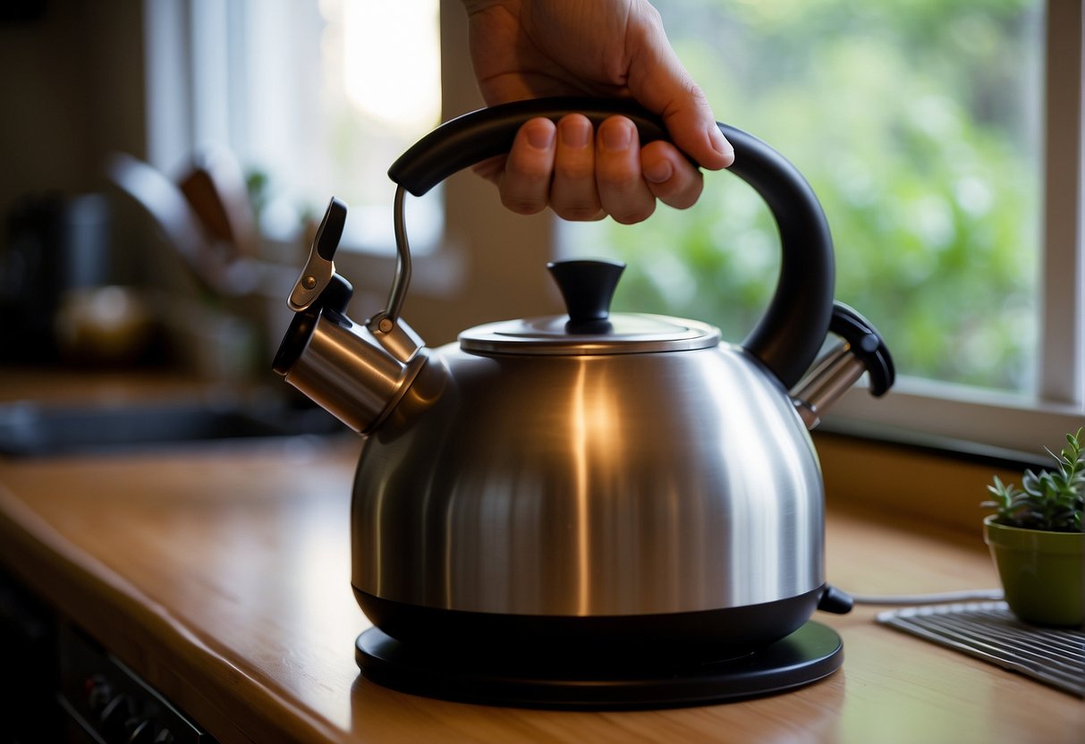 A hand reaches for a tea kettle on a stovetop. The kettle is filled with water and placed on a lit burner. The person waits for the water to boil before using it for the first time