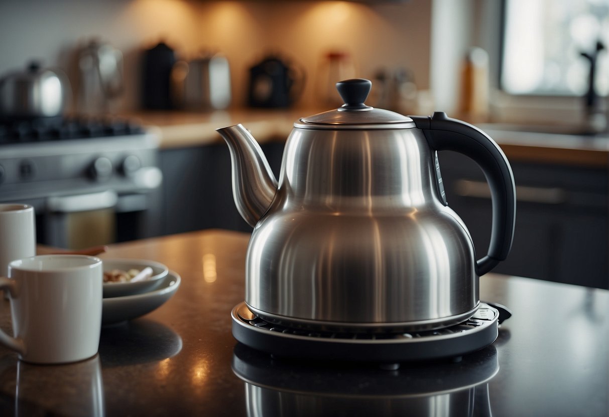 A tea kettle sits on a stovetop. Steam rises as the water inside comes to a boil. A thermometer is submerged in the water, measuring the temperature