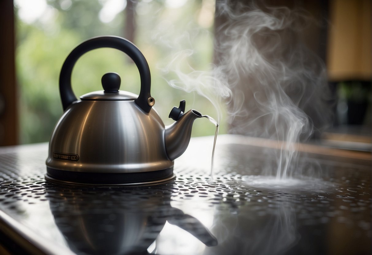 A tea kettle is held over a cup, steam rising as hot water pours in a steady stream