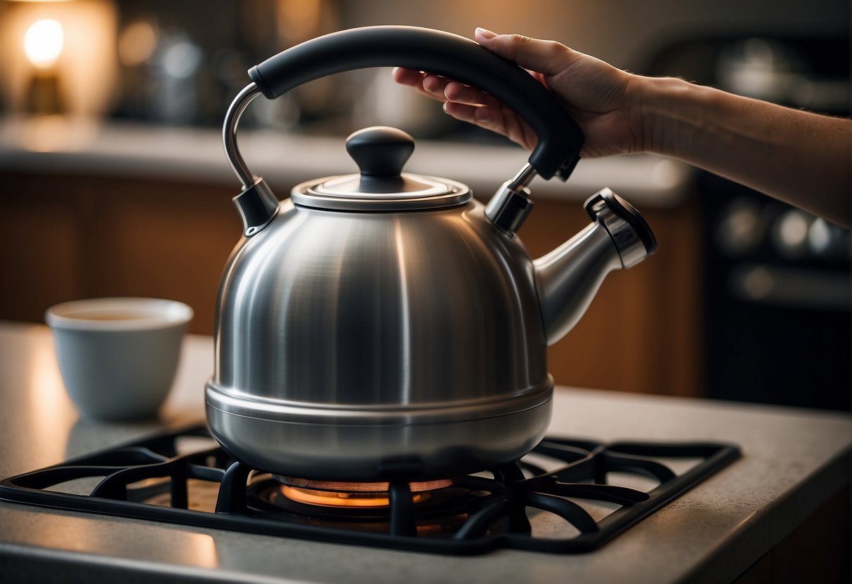 A tea kettle sits on a stove, steam rising from its spout. A hand reaches for the handle, ready to pour