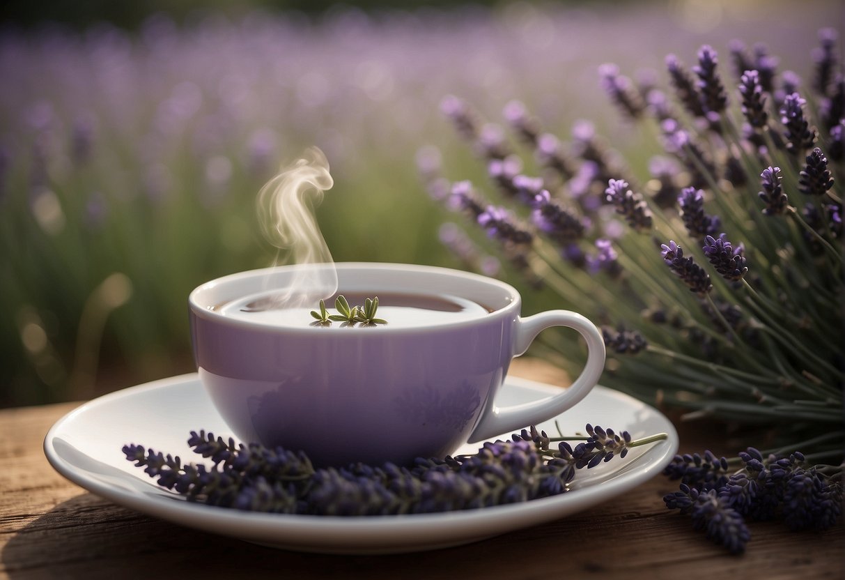 A steaming cup of lavender tea surrounded by fresh lavender flowers and a calming, serene atmosphere