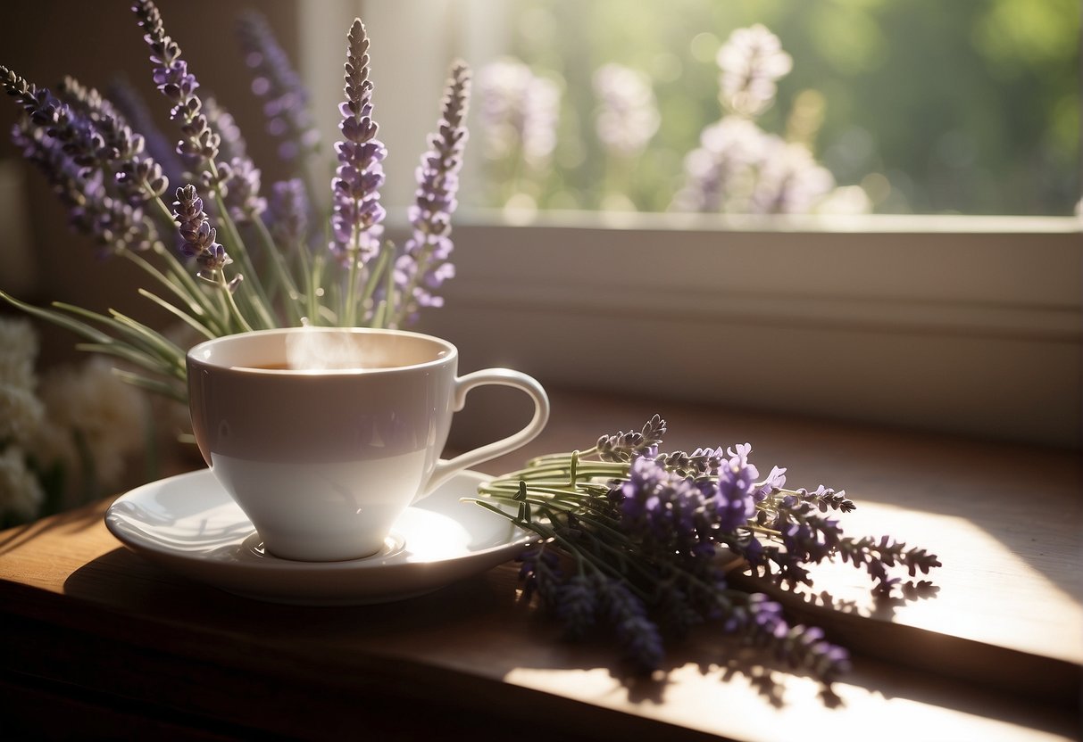 A steaming cup of lavender tea surrounded by fresh lavender flowers and sprigs, with sunlight streaming through a window onto the scene