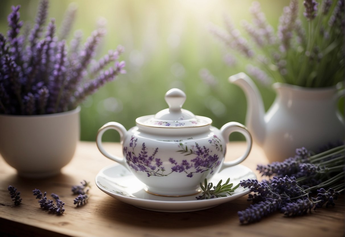 A teapot pours lavender tea into a delicate cup on a saucer, surrounded by fresh lavender flowers and a book on herbal remedies