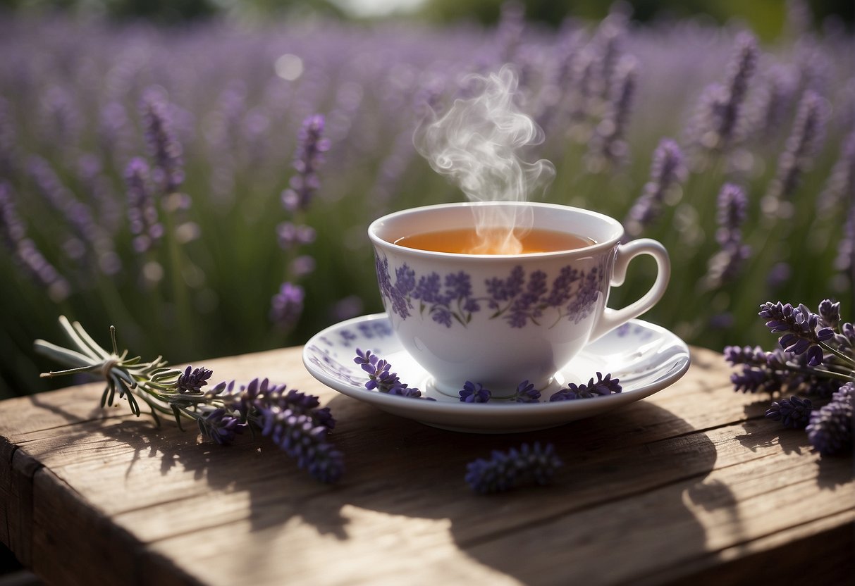 A steaming cup of lavender tea sits on a wooden table surrounded by fresh lavender flowers and a calming atmosphere