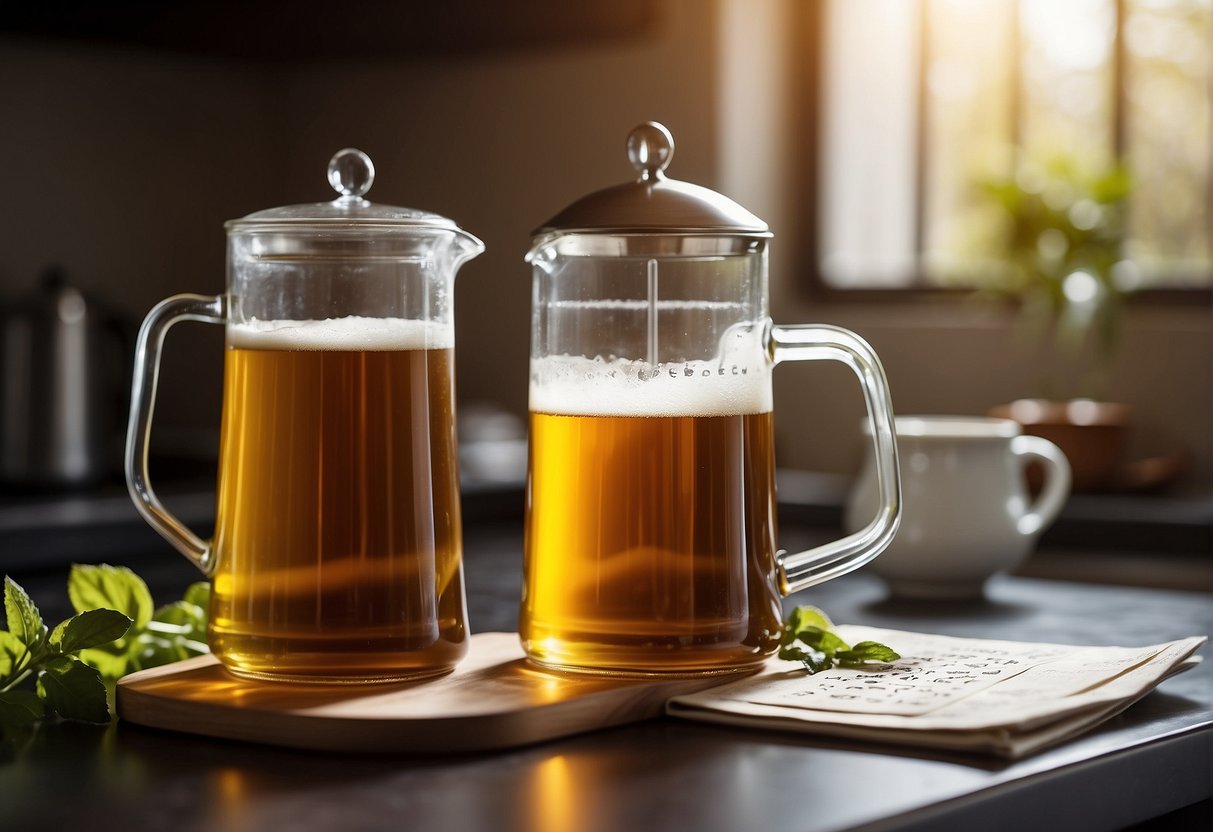 Brewed tea in a glass pitcher on a kitchen counter, with a calendar showing the date of brewing and a clock indicating the time