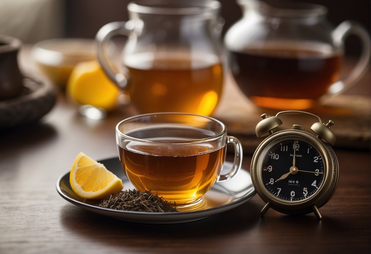 Brewed tea sits on a table with a timer showing the recommended consumption timeframe
