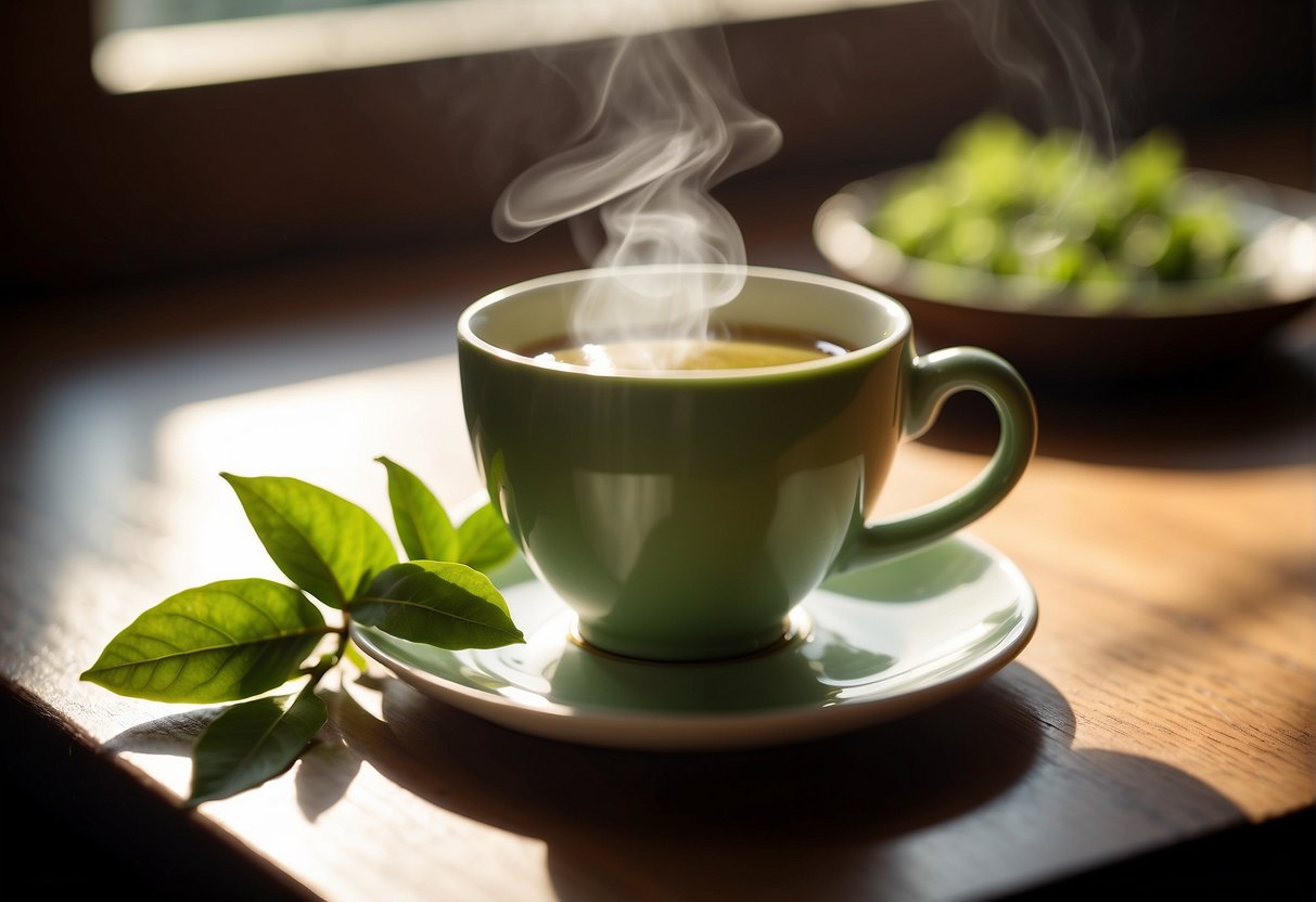 A steaming cup of green tea sits on a wooden table, surrounded by vibrant green tea leaves and a timer ticking away. The sunlight filters through a nearby window, casting a warm glow on the scene