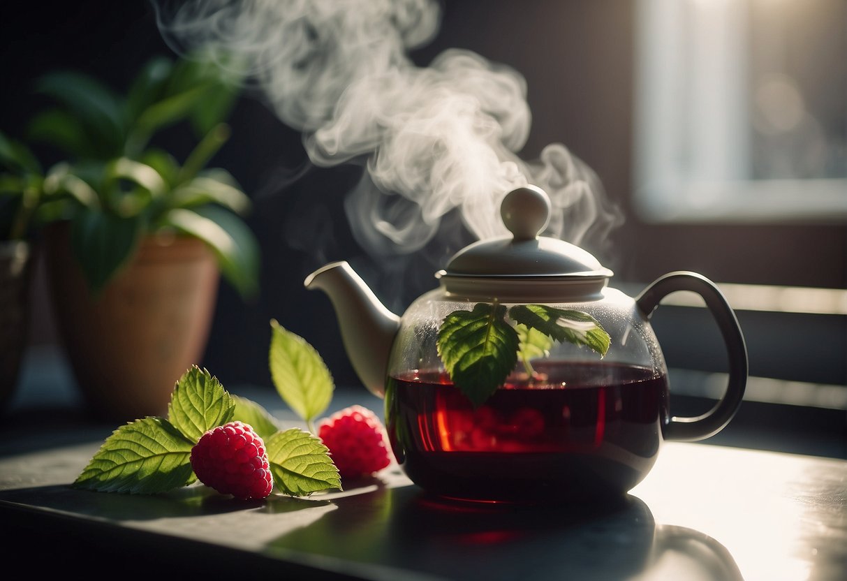 A teapot steams on a stove, filled with raspberry leaf tea. The aroma of earthy, herbal notes fills the air as the tea brews to perfection