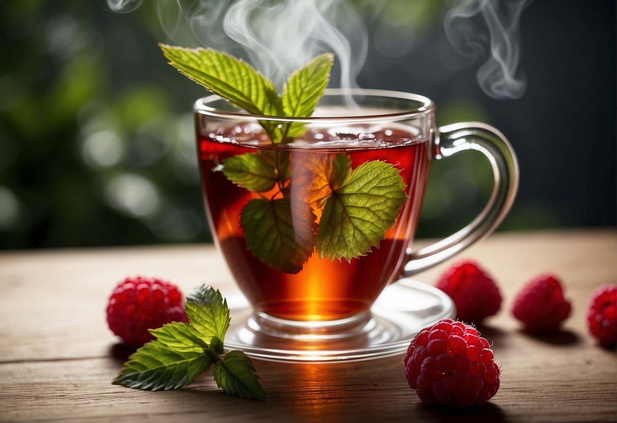 A steaming cup of raspberry leaf tea sits on a wooden table, emitting a sweet and earthy aroma. The tea is a deep red color, and the taste is a combination of fruity and herbal notes, with a hint of tartness