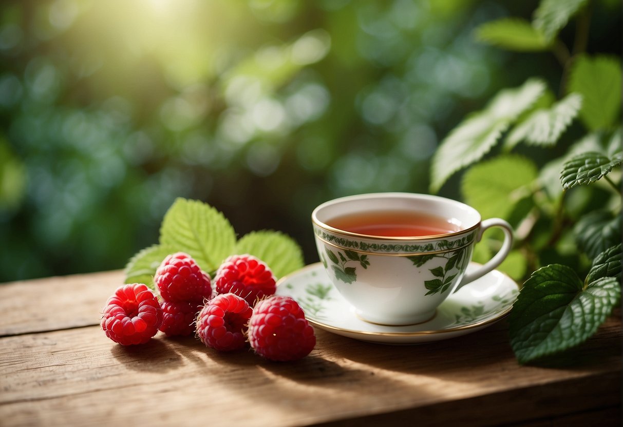 A steaming cup of raspberry leaf tea sits on a wooden table, surrounded by vibrant green leaves and fresh raspberries. The aroma of the tea fills the room with a sweet and earthy scent