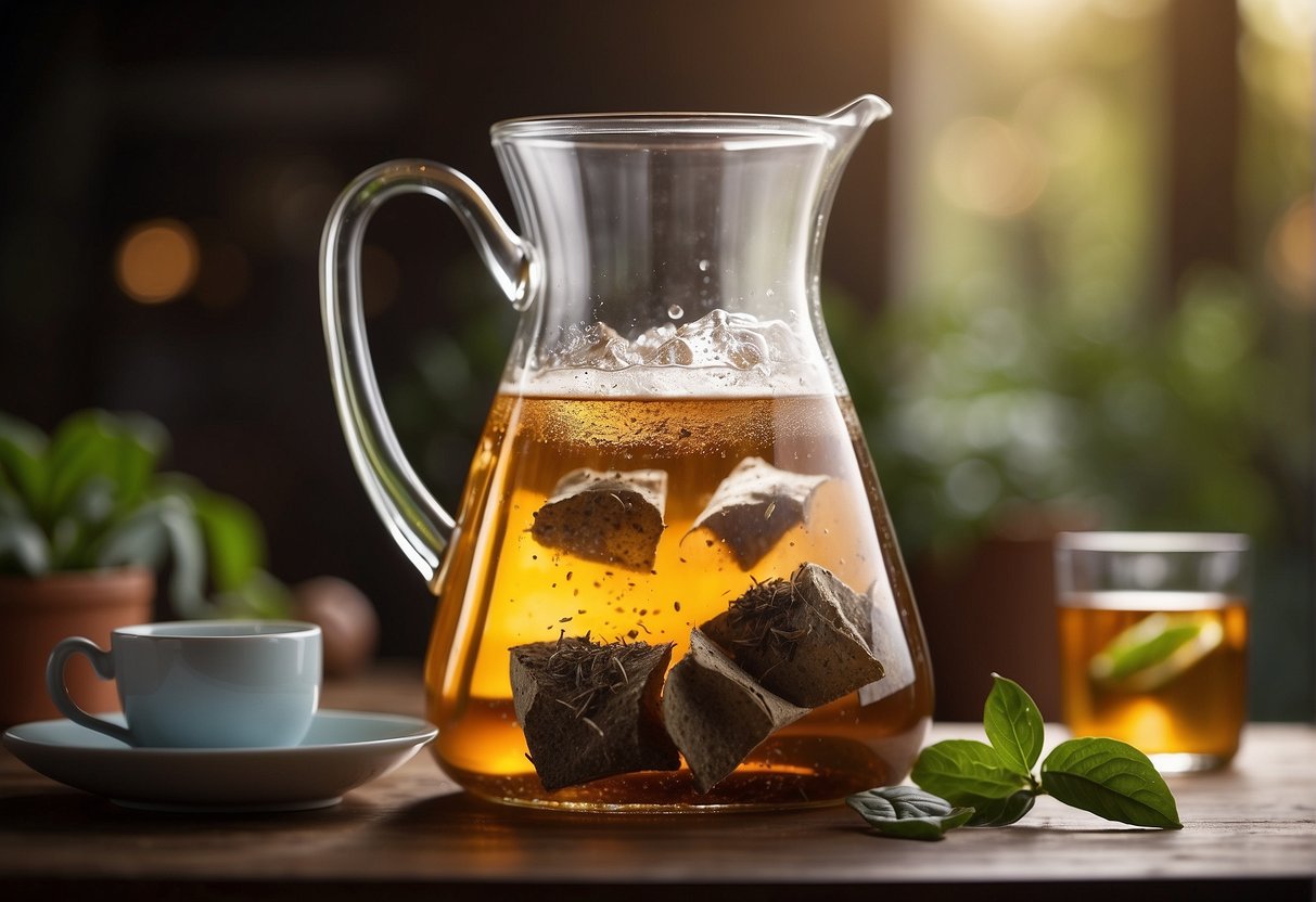 Tea bags steep in a large pitcher of water, ready to be brewed into a gallon of tea