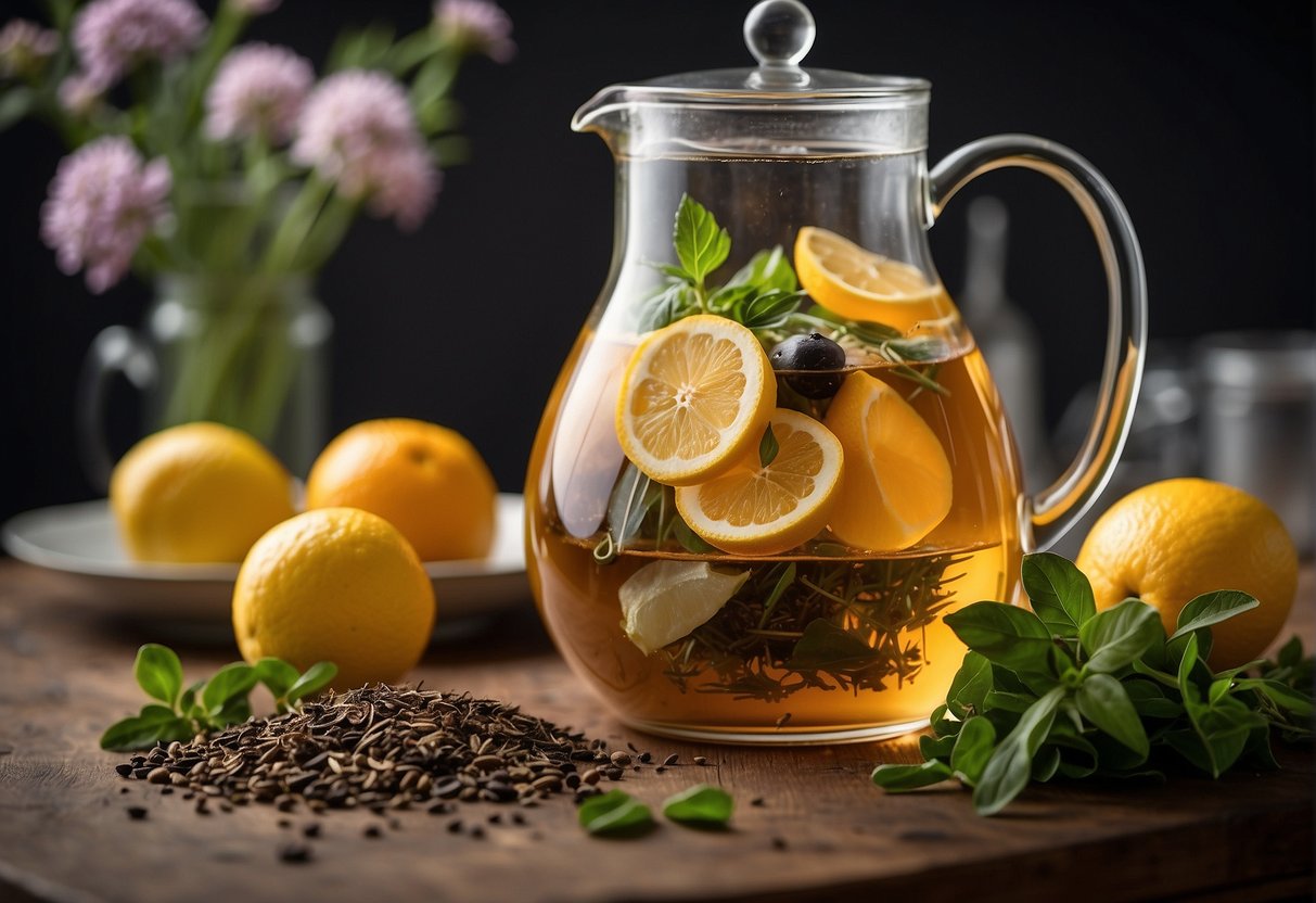 A pitcher of tea with multiple tea bags steeping in a gallon of water, surrounded by fresh herbs and fruits to enhance flavor