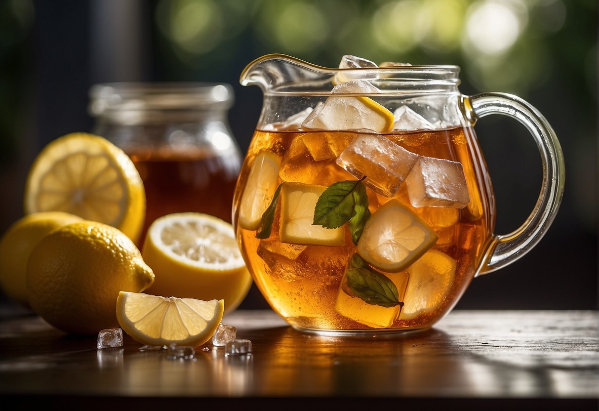 A pitcher of iced tea with several tea bags floating in the water, surrounded by lemon slices and ice cubes
