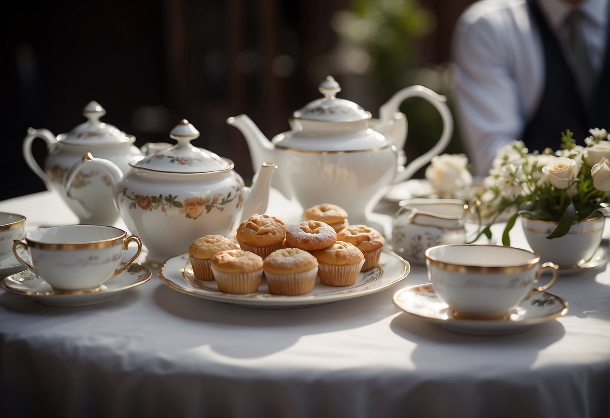 A table set with fine china, teapots, and dainty pastries. Men in tailored suits, bow ties, and polished shoes chat over tea