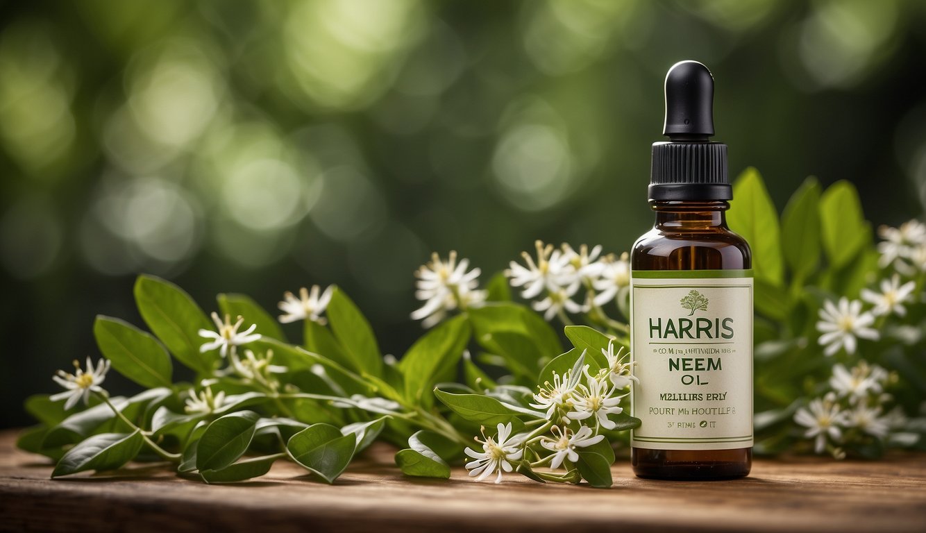 A bottle of Harris Neem Oil sits on a wooden table, surrounded by lush green neem leaves and blooming flowers. The label proudly displays the product name in bold lettering