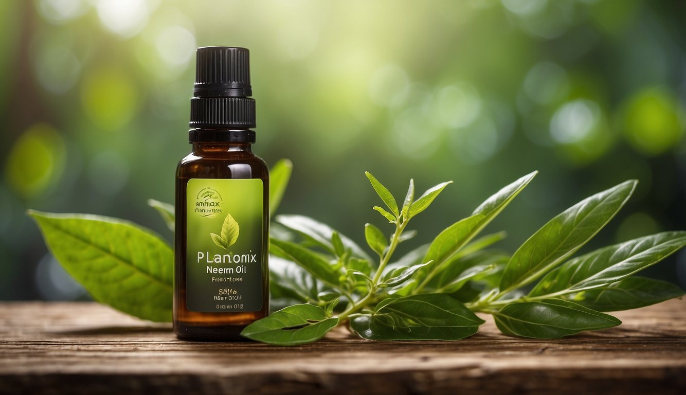 A bottle of Plantonix Neem Oil stands on a wooden shelf, surrounded by lush green leaves and a few small insects