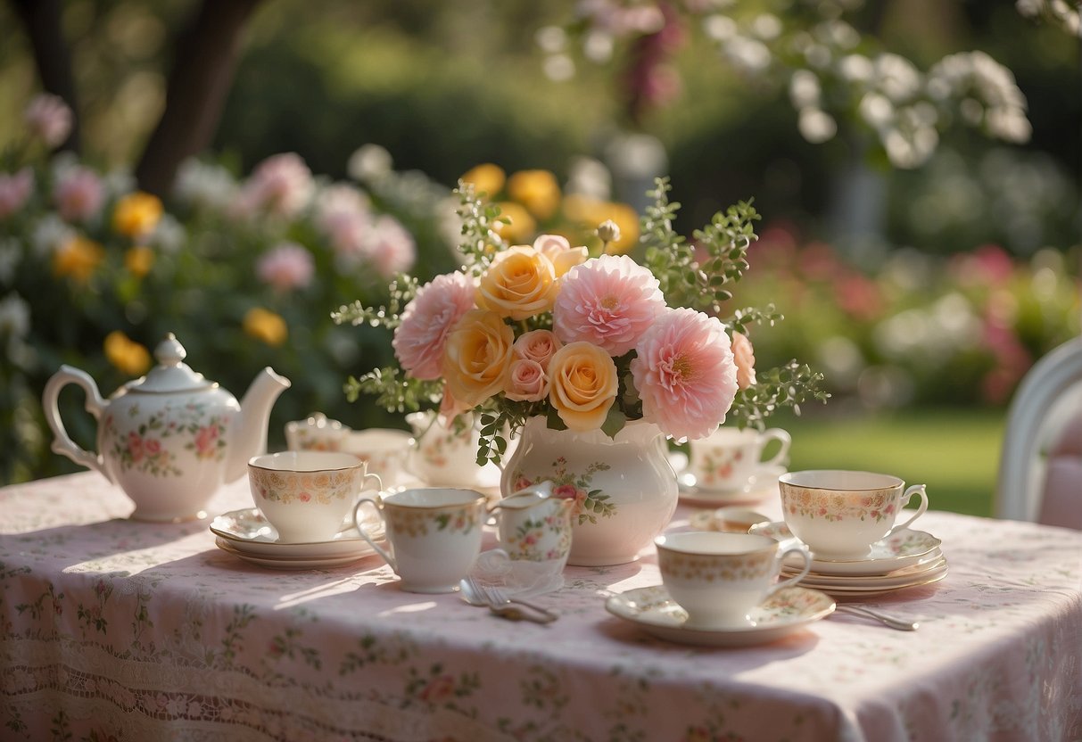 A garden setting with a table set for tea, adorned with floral tablecloth and teacups. Guests wear pastel dresses, hats, and gloves