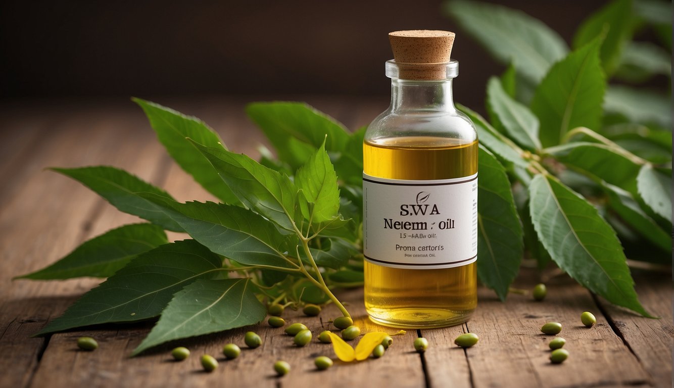 A bottle of SVA Organics Neem Oil stands on a wooden surface, surrounded by fresh neem leaves and seeds. The label boasts its quality as the best neem oil