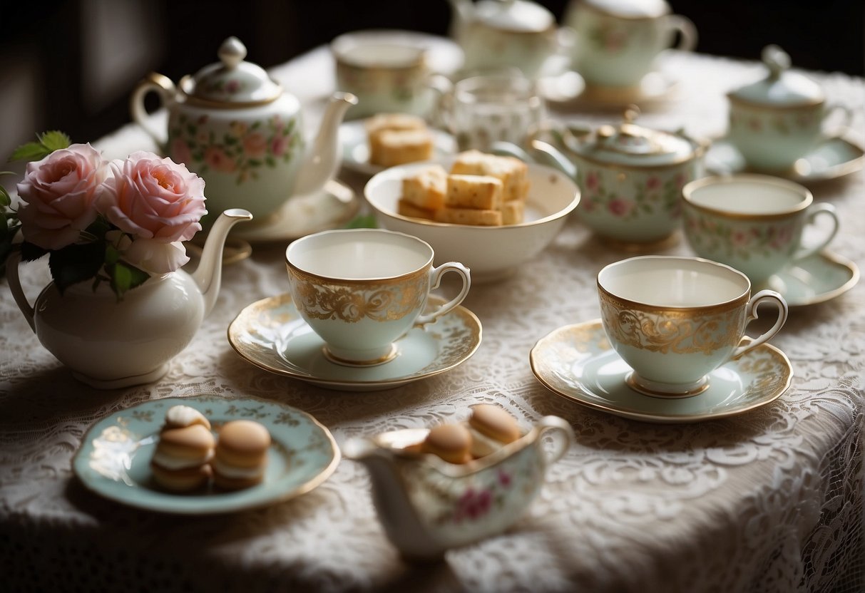 A table adorned with delicate teacups, a lace tablecloth, and a variety of elegant hats and gloves, showcasing the cultural variations of tea party attire