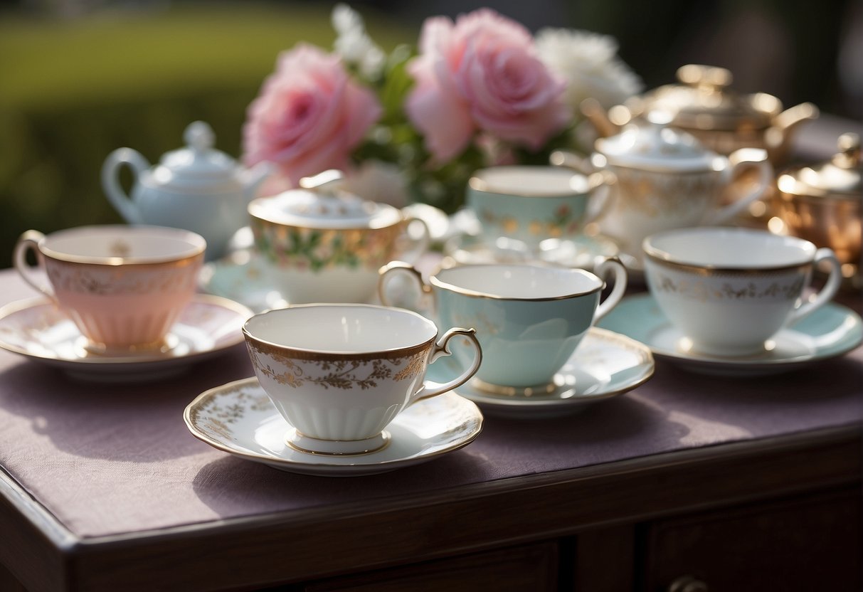 A table set with dainty teacups, saucers, and plates. A variety of elegant hats and gloves displayed on a nearby stand
