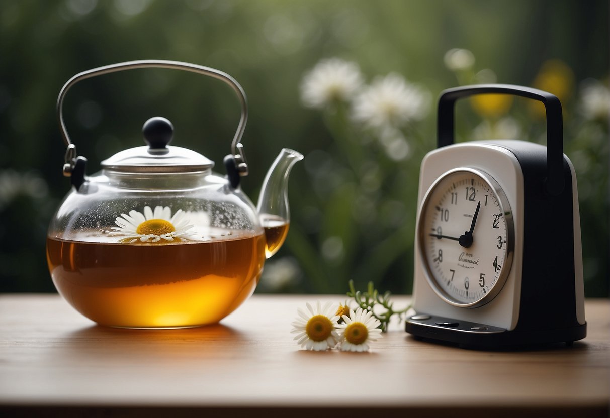A teapot sits on a table with chamomile tea steeping inside. A timer shows the recommended steeping time for chamomile tea