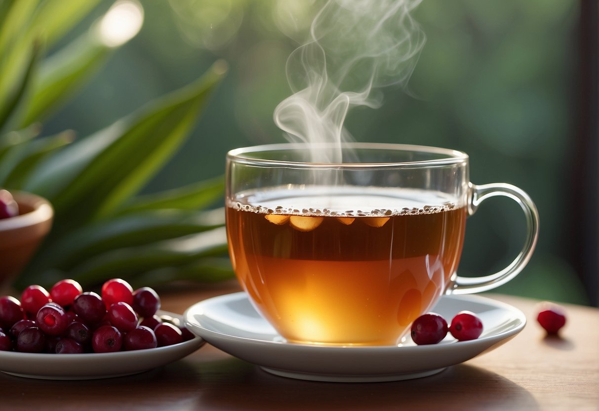 Steaming cup of herbal tea surrounded by fresh cranberries and aloe vera leaves, with a background of a peaceful and serene setting