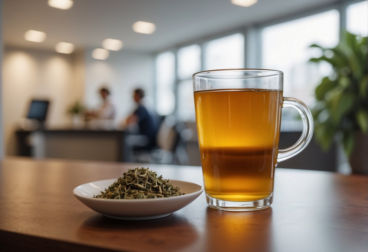 A person holding a cup of herbal tea, with a doctor's office in the background