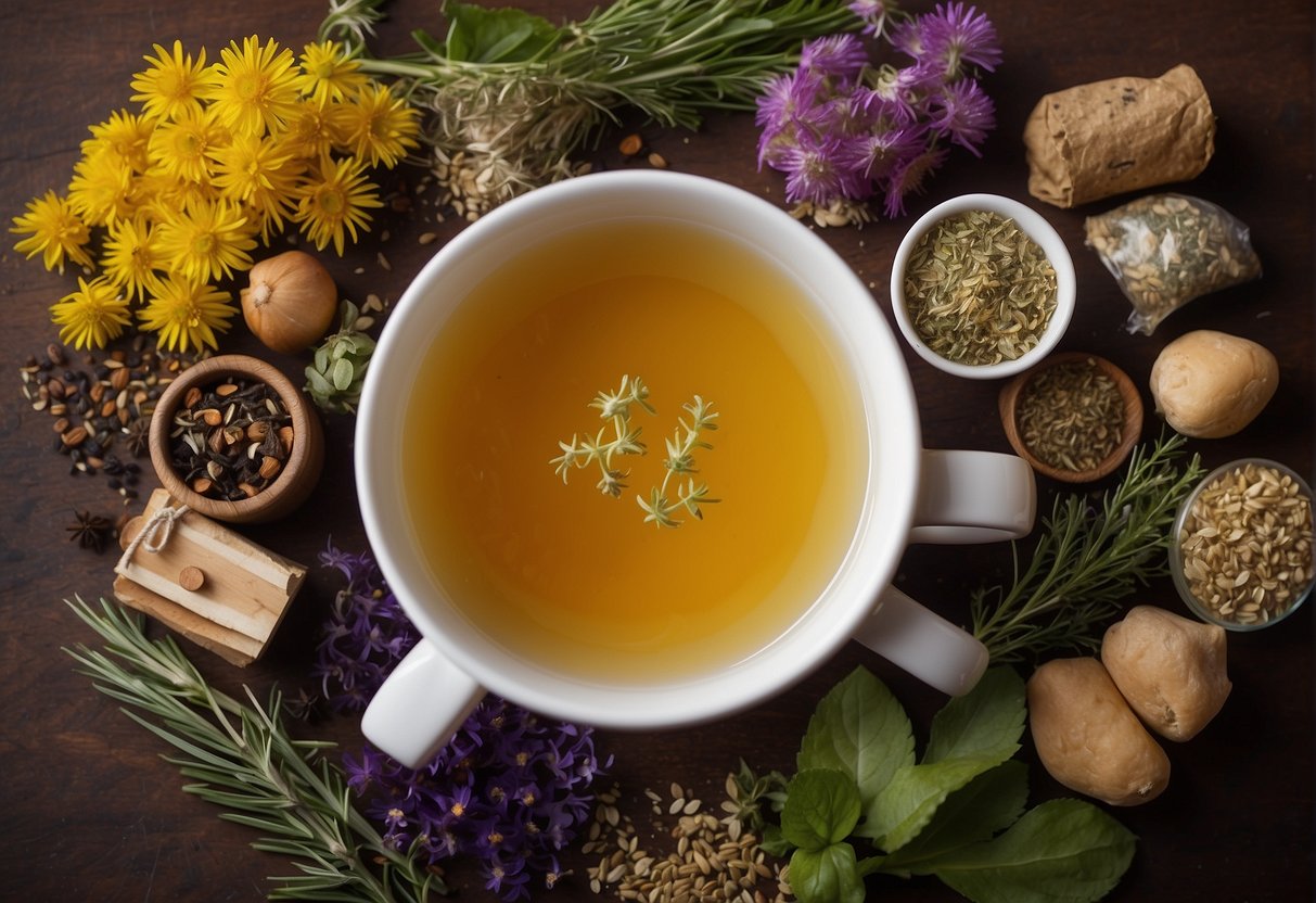 A steaming cup of herbal tea surrounded by a variety of colorful, medicinal herbs and ingredients, with a label indicating its effectiveness for UTI