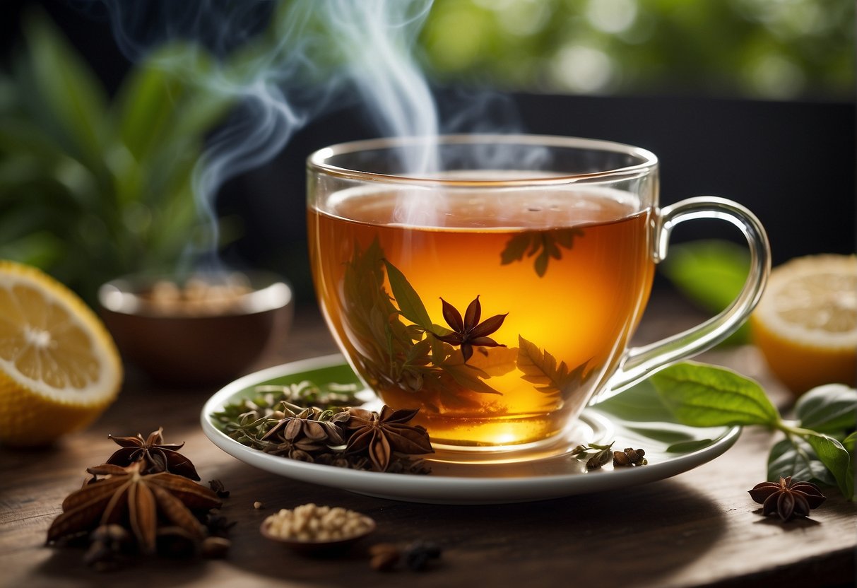 A steaming cup of herbal tea surrounded by a variety of colorful and soothing herbs and spices