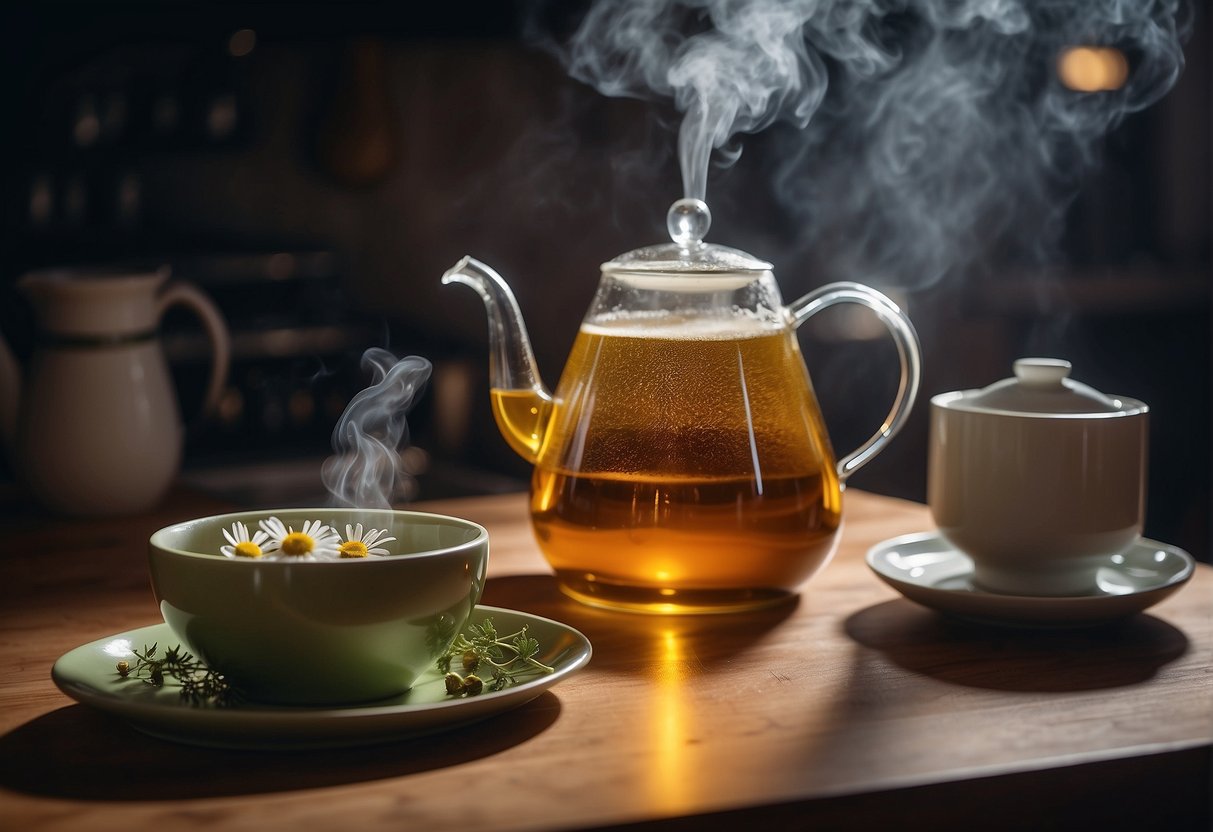 A teapot steams on a stove. A box of chamomile tea sits nearby with a spoon. A woman's heating pad rests on the table
