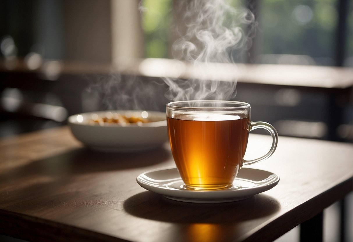 A cup of tea sits on a table, steam rising from its surface. A nutrition label displays the calorie count. Various factors, such as type of tea and added ingredients, affect the overall calorie content