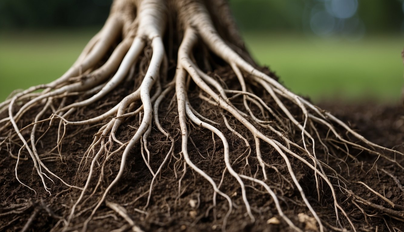 Healthy roots appear firm and white, while roots affected by root rot are mushy and discolored. The contrast between the two types of roots is clear, with the healthy roots standing out against the unhealthy ones