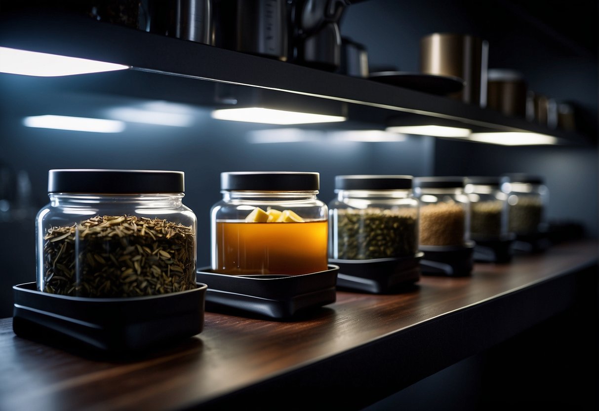 Tea stored in a dry, airtight container on a cool, dark shelf