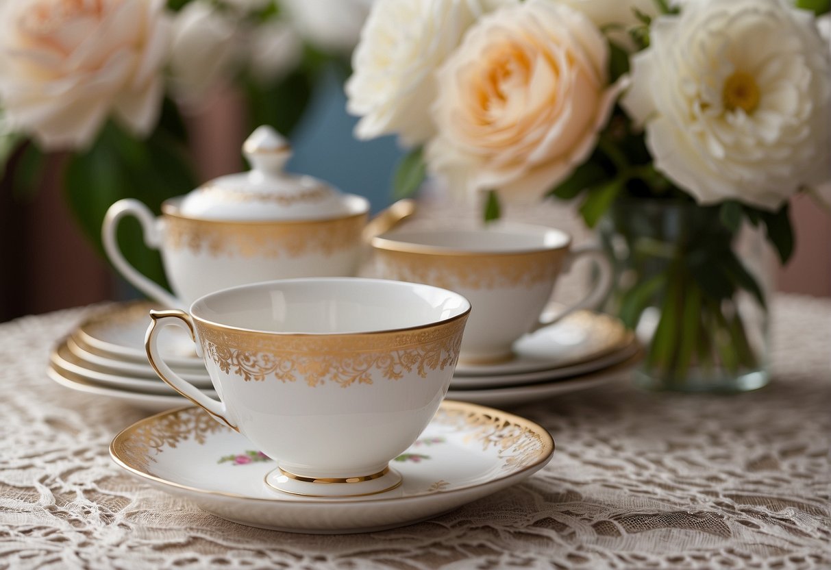 A table set with teacups, saucers, and a teapot, surrounded by floral arrangements and delicate lace tablecloths. A stack of invitations and RSVP cards sits nearby
