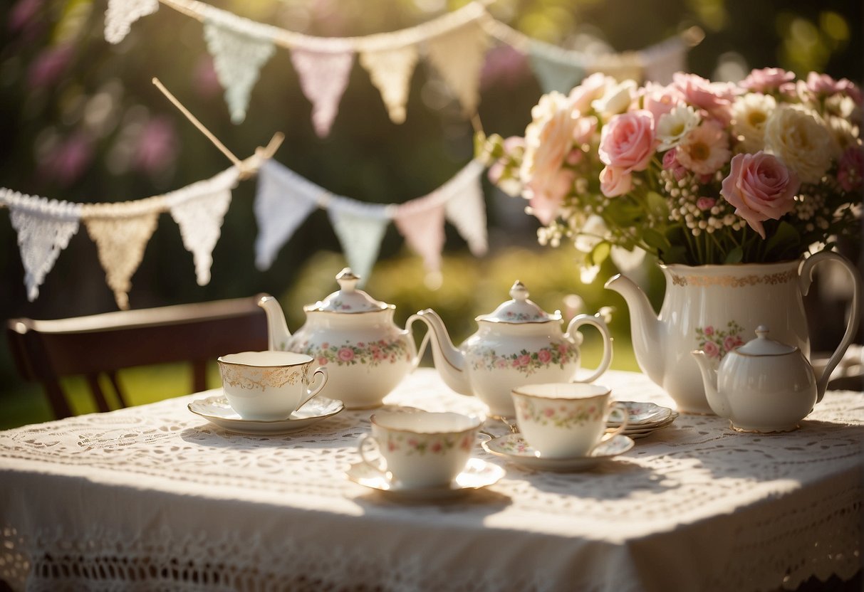A cozy, sunlit garden with floral tablecloths, vintage teapots, and delicate teacups arranged on lace doilies. Pastel bunting and fresh flowers adorn the space, creating a charming atmosphere for a tea party