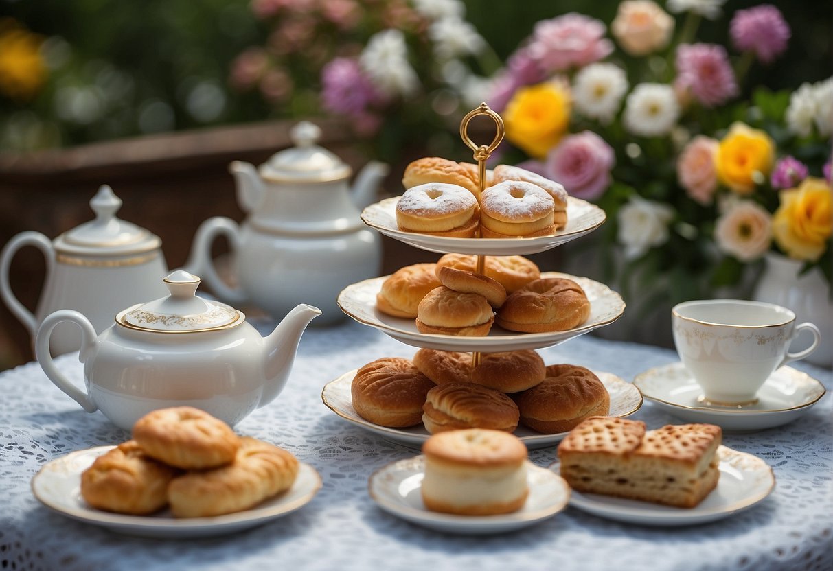 A table set with teacups, saucers, a teapot, and a tiered stand of pastries and sandwiches. A vase of fresh flowers and a lace tablecloth complete the elegant setting