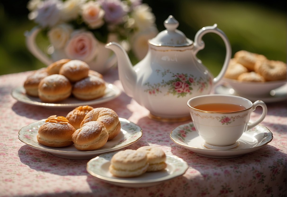 A table set with a teapot, cups, saucers, and a variety of pastries and finger sandwiches. A floral tablecloth and decorative centerpiece complete the charming tea party scene
