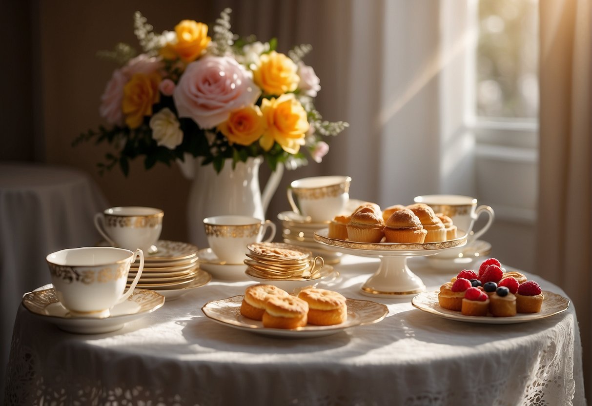 A table set with delicate teacups, a tiered tray of pastries, and a colorful array of floral centerpieces. Sunlight streams through lace curtains, casting a warm glow over the elegant setting